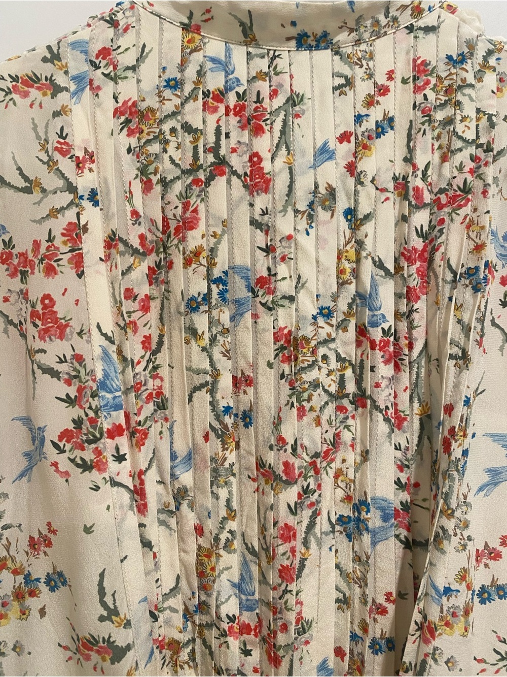 The Kooples Cream Floral Pleated Dress with Blue Bird Motif - Picture 8 of 9
